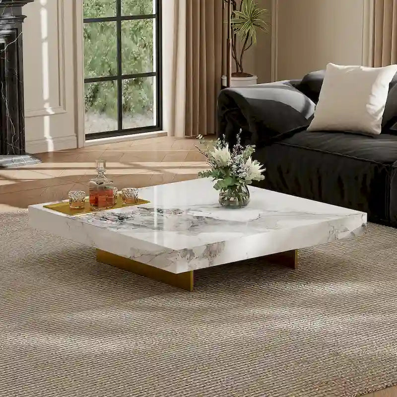 Table basse carrée moderne de 42 en faux marbre, plateau brillant en pierre frittée