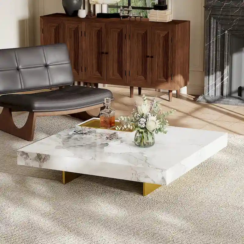 Mesa de centro cuadrada moderna de 42 con apariencia de mármol y tablero brillante de piedra sinterizada