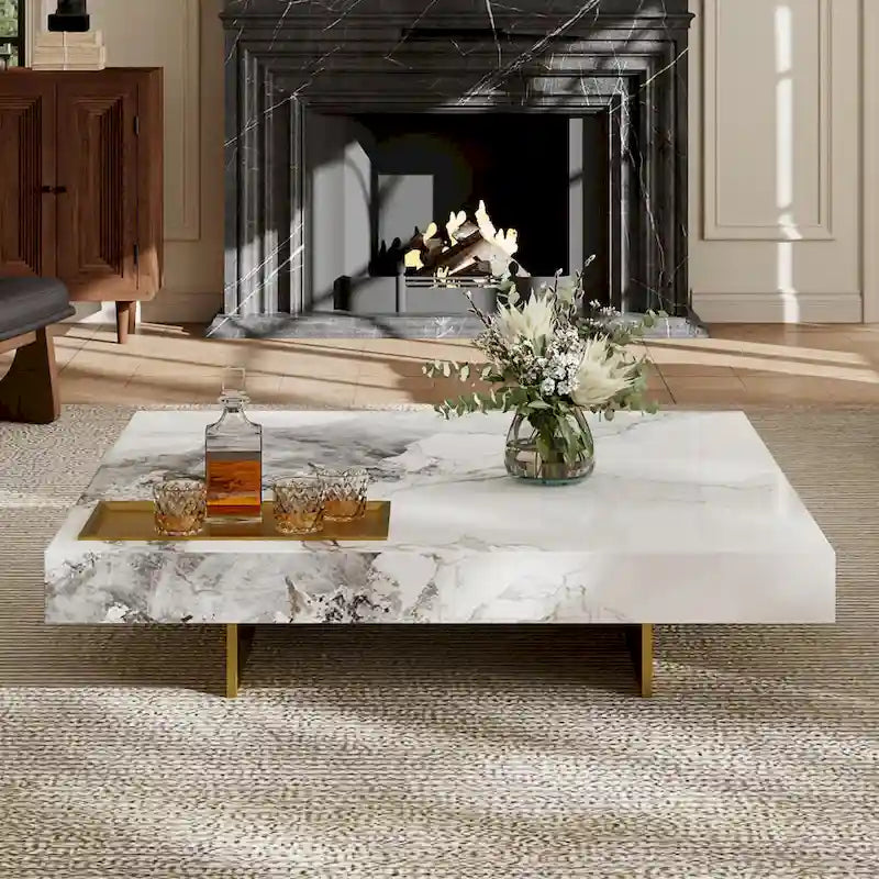Mesa de centro cuadrada moderna de 42 con apariencia de mármol y tablero brillante de piedra sinterizada