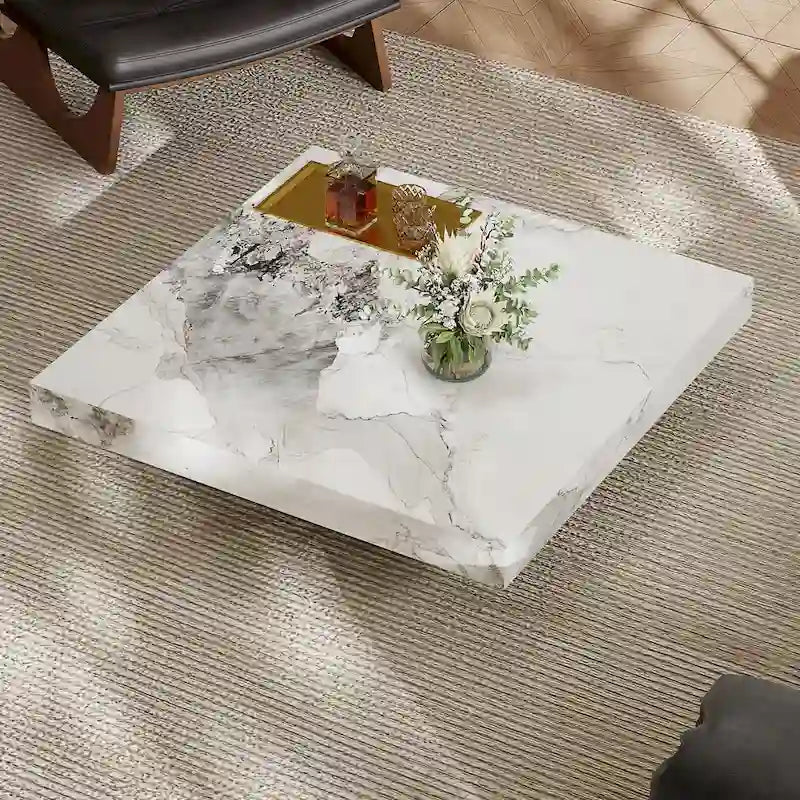 Table basse carrée moderne de 42 en faux marbre, plateau brillant en pierre frittée