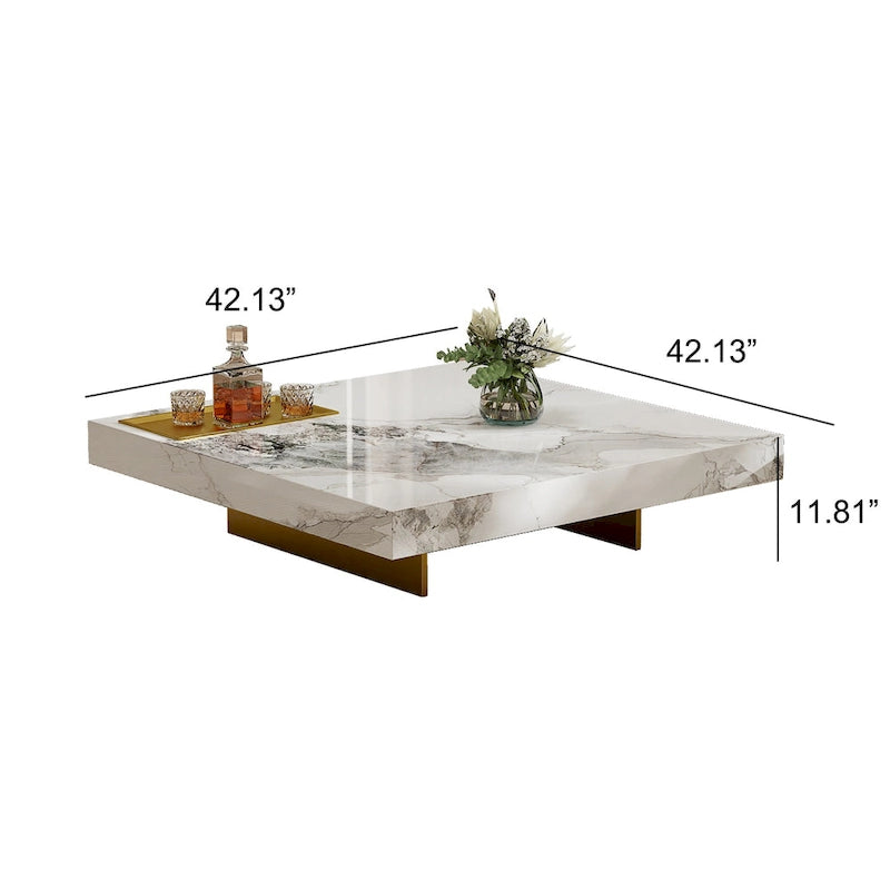 Table basse carrée moderne de 42 en faux marbre, plateau brillant en pierre frittée