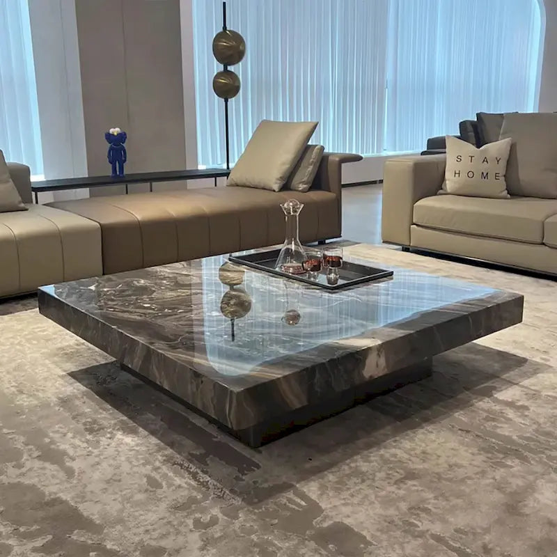 Table basse carrée moderne de 42 en faux marbre, plateau brillant en pierre frittée