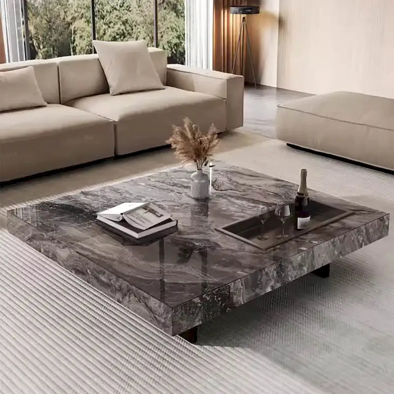 Table basse carrée moderne de 42 en faux marbre, plateau brillant en pierre frittée