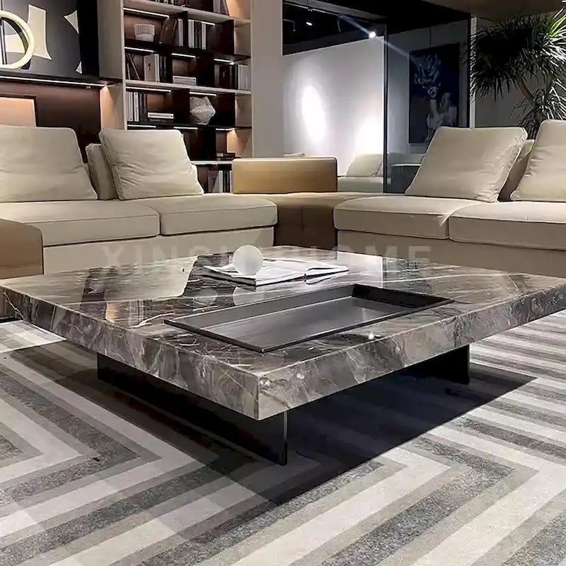 Table basse carrée moderne de 42 en faux marbre, plateau brillant en pierre frittée