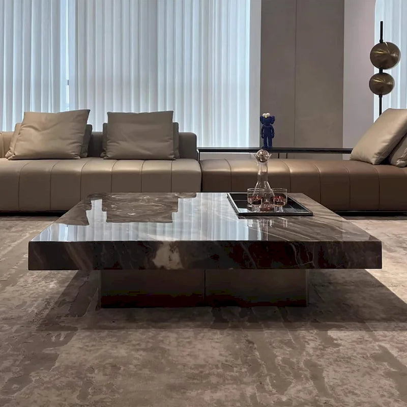 Table basse carrée moderne de 42 en faux marbre, plateau brillant en pierre frittée