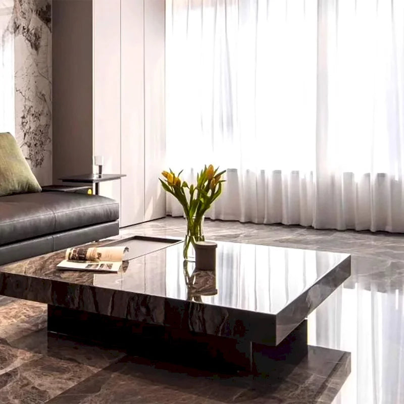 Table basse carrée moderne de 42 en faux marbre, plateau brillant en pierre frittée