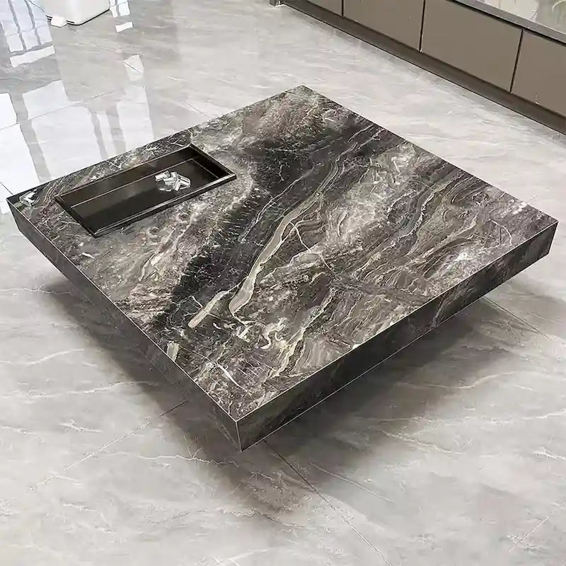Table basse carrée moderne de 42 en faux marbre, plateau brillant en pierre frittée