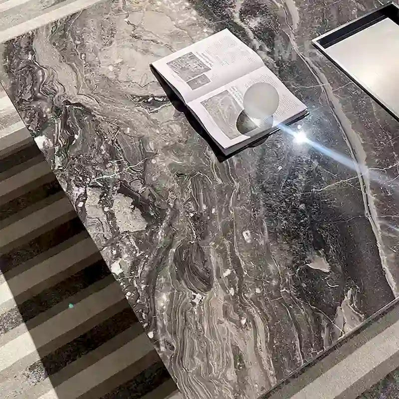 Table basse carrée moderne de 42 en faux marbre, plateau brillant en pierre frittée