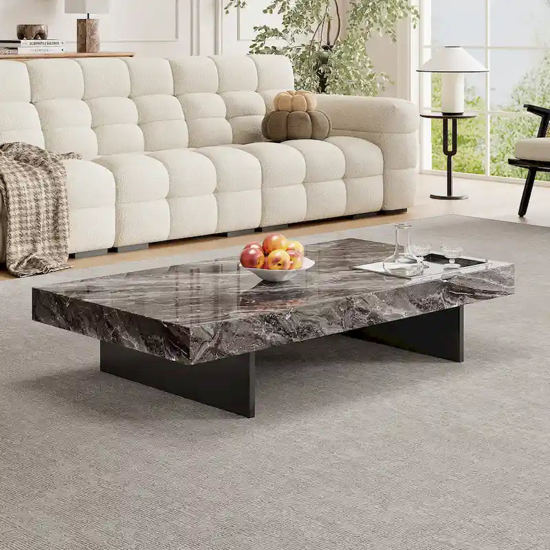 Table basse carrée moderne de 42 en faux marbre, plateau brillant en pierre frittée