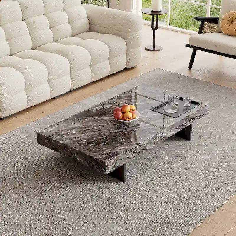 Table basse carrée moderne de 42 en faux marbre, plateau brillant en pierre frittée