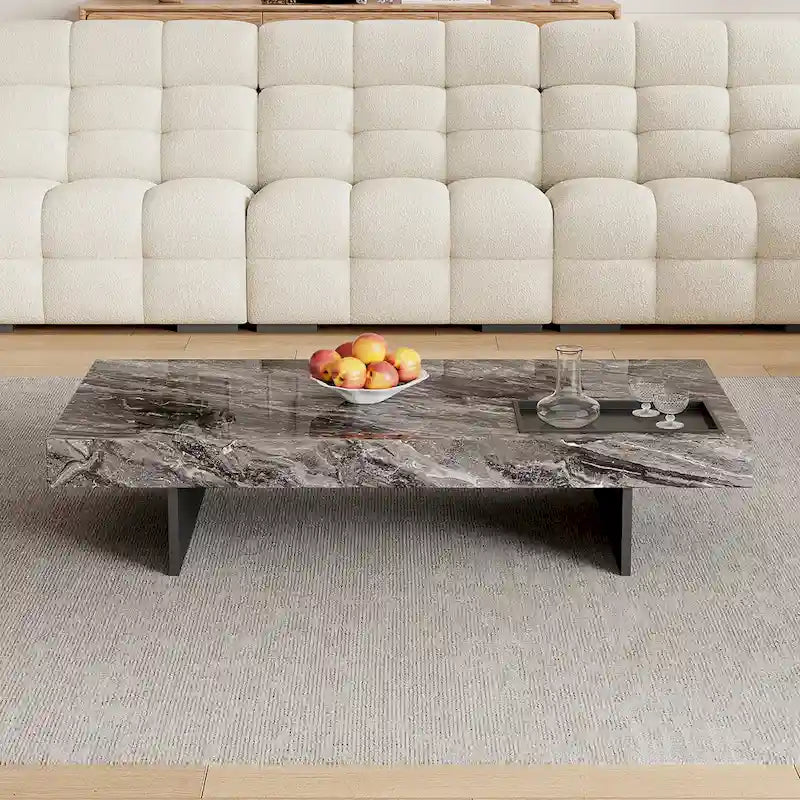 Table basse carrée moderne de 42 en faux marbre, plateau brillant en pierre frittée