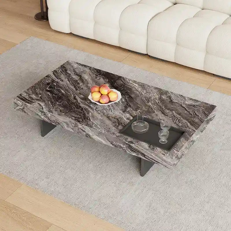 Table basse carrée moderne de 42 en faux marbre, plateau brillant en pierre frittée
