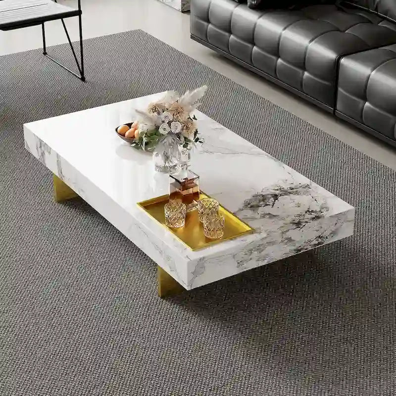 Table basse carrée moderne de 42 en faux marbre, plateau brillant en pierre frittée