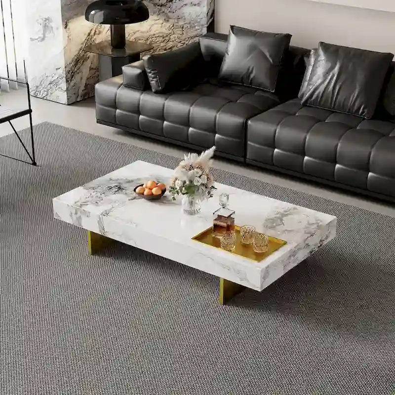 Table basse carrée moderne de 42 en faux marbre, plateau brillant en pierre frittée