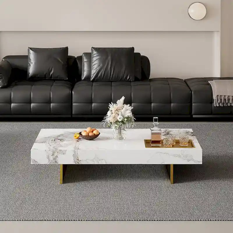 Table basse carrée moderne de 42 en faux marbre, plateau brillant en pierre frittée