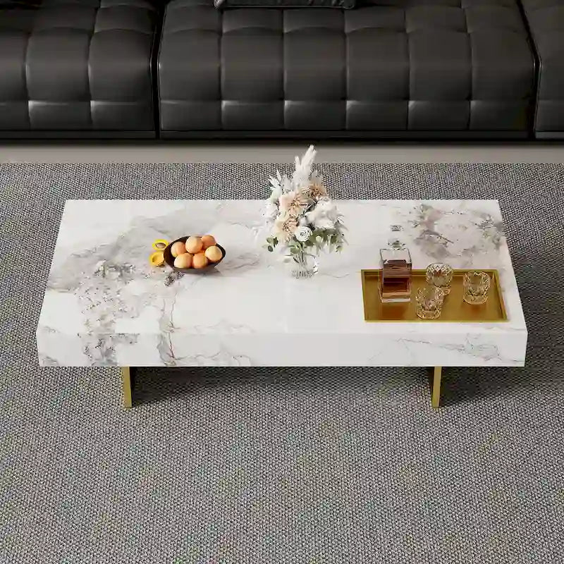Table basse carrée moderne de 42 en faux marbre, plateau brillant en pierre frittée