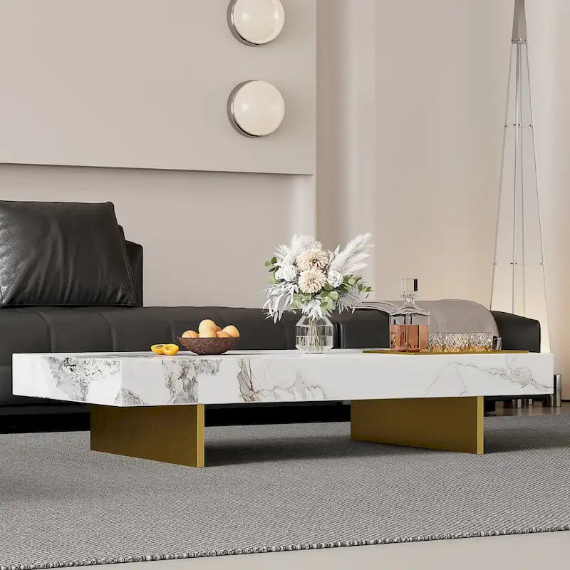 Table basse carrée moderne de 42 en faux marbre, plateau brillant en pierre frittée