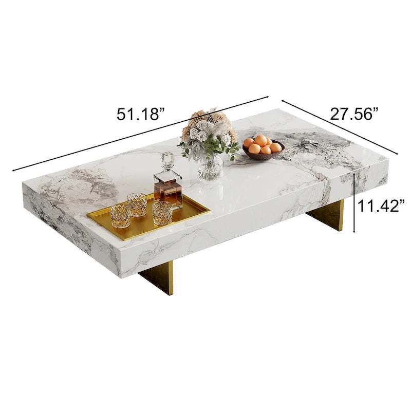 Table basse carrée moderne de 42 en faux marbre, plateau brillant en pierre frittée