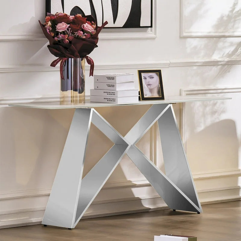 Table console rectangulaire en verre blanc de 55 pouces avec piètement en M effet miroir