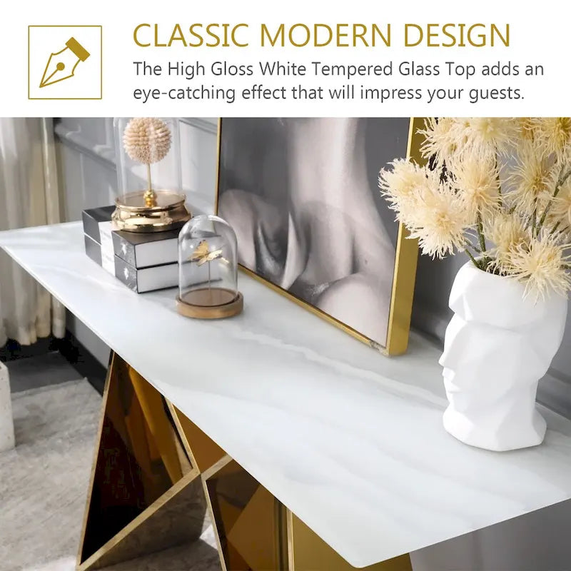Table console rectangulaire en verre blanc de 55 pouces avec piètement en M effet miroir