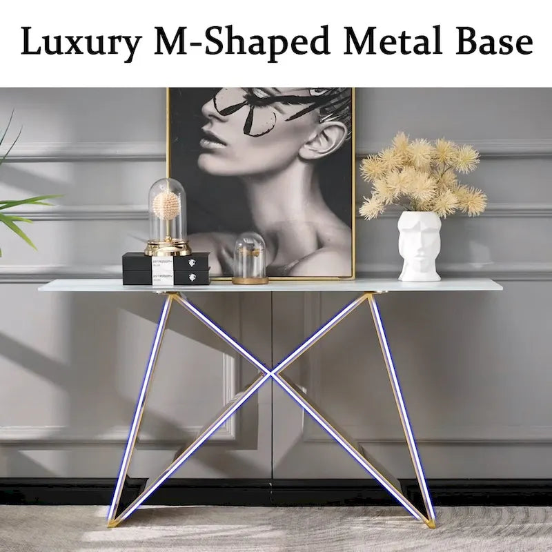 Table console rectangulaire en verre blanc de 55 pouces avec piètement en M effet miroir