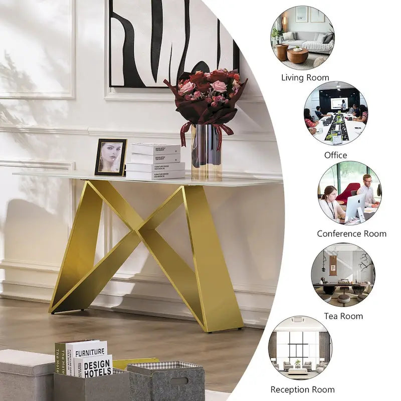 Table console rectangulaire en verre blanc de 55 pouces avec piètement en M effet miroir