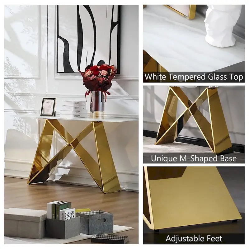 Table console rectangulaire en verre blanc de 55 pouces avec piètement en M effet miroir