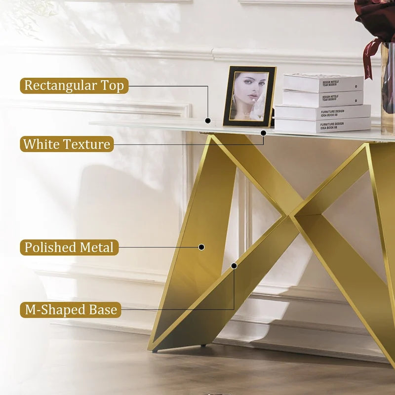 Table console rectangulaire en verre blanc de 55 pouces avec piètement en M effet miroir