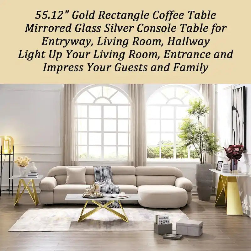 Table console rectangulaire en verre blanc de 55 pouces avec piètement en M effet miroir
