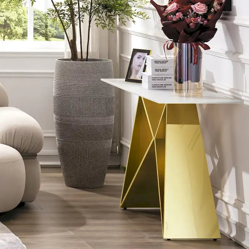Table console rectangulaire en verre blanc de 55 pouces avec piètement en M effet miroir