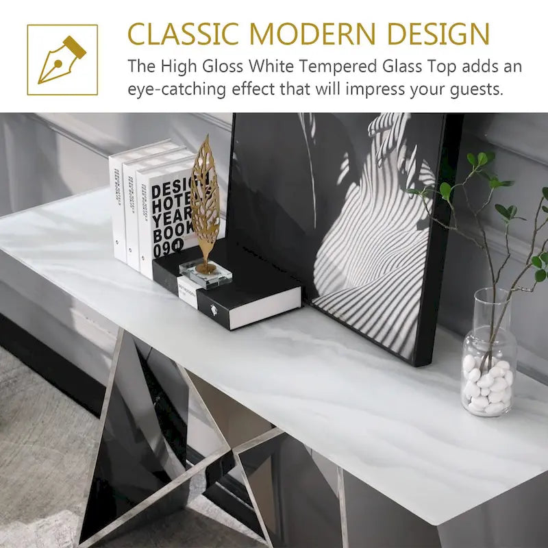 Table console rectangulaire en verre blanc de 55 pouces avec piètement en M effet miroir