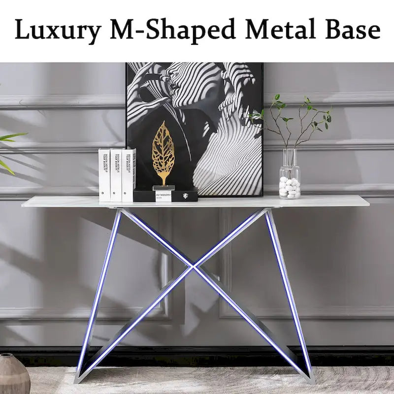 Table console rectangulaire en verre blanc de 55 pouces avec piètement en M effet miroir