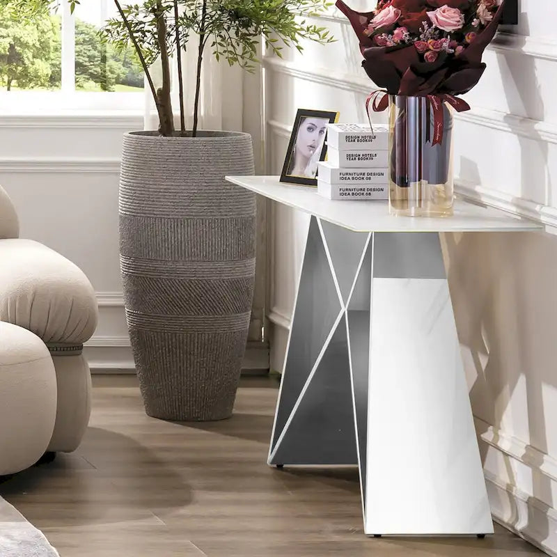 Table console rectangulaire en verre blanc de 55 pouces avec piètement en M effet miroir