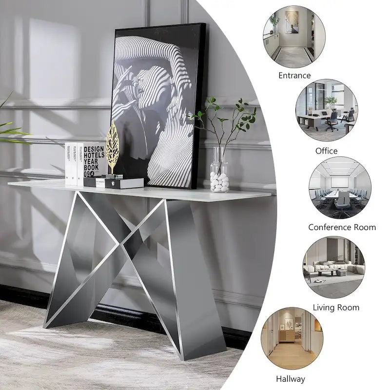 Table console rectangulaire en verre blanc de 55 pouces avec piètement en M effet miroir