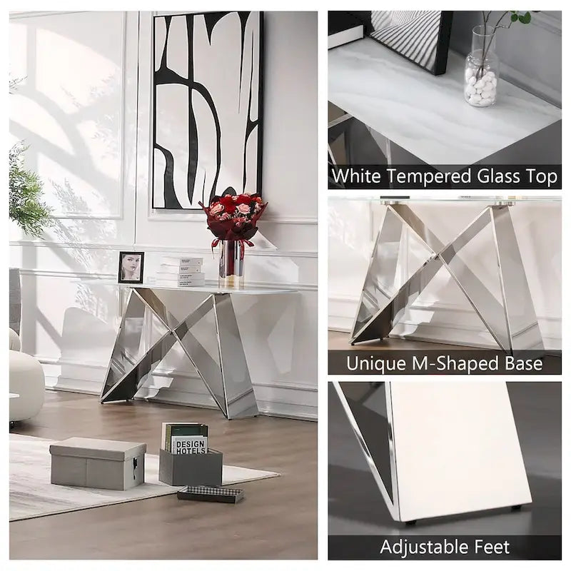 Table console rectangulaire en verre blanc de 55 pouces avec piètement en M effet miroir