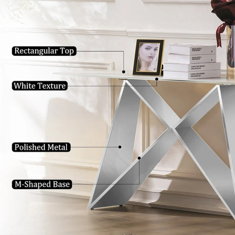 Table console rectangulaire en verre blanc de 55 pouces avec piètement en M effet miroir