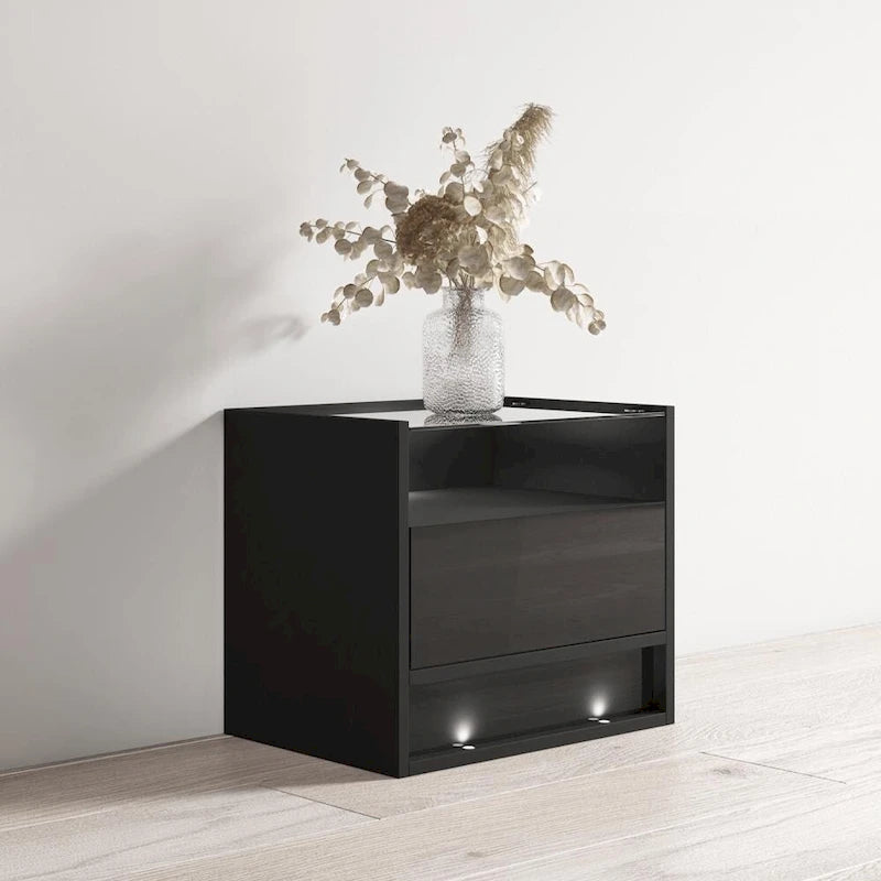 Mesa de noche moderna blanca con LED, con cajón y estantes abiertos