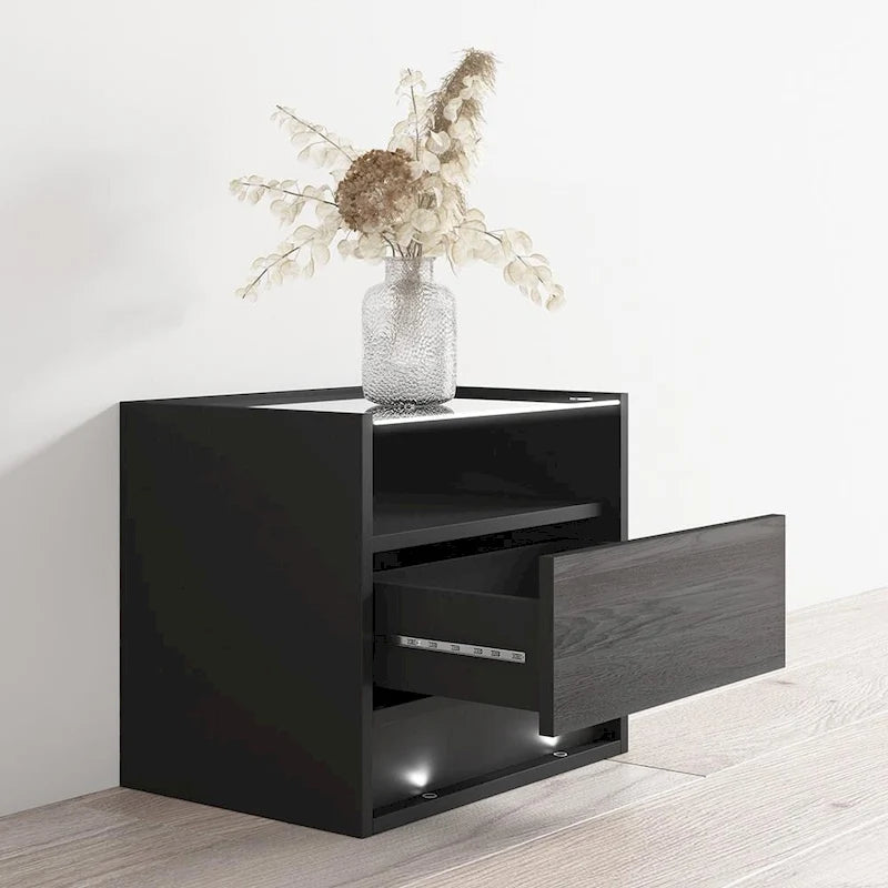 Mesa de noche moderna blanca con LED, con cajón y estantes abiertos