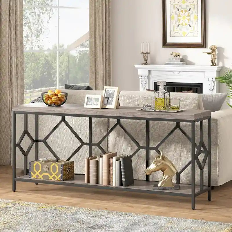 70.9 Zoll Konsolentisch für das Sofa mit offenem Ablagefach, schmaler, extra langer Sofatisch im Industrial-Stil, Flurtisch hinter dem Sofa