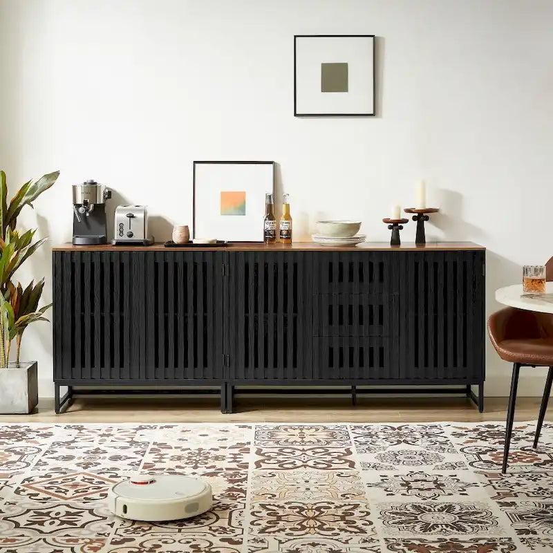 Meuble de rangement vintage à lattes et rayures avec étagère réglable