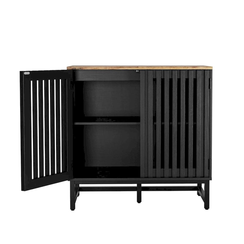 Meuble de rangement vintage à lattes et rayures avec étagère réglable