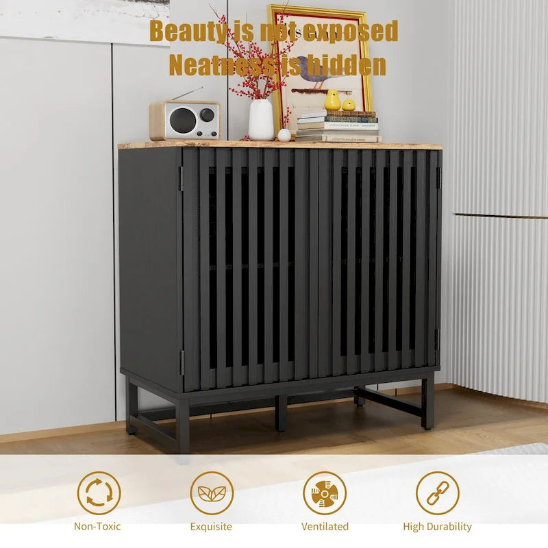 Meuble de rangement vintage à lattes et rayures avec étagère réglable